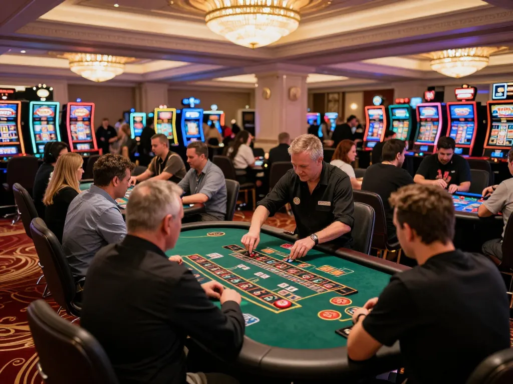 Players engaging in thrilling gameplay at VAOBET's lively casino floor, showcasing excitement and strategic betting.