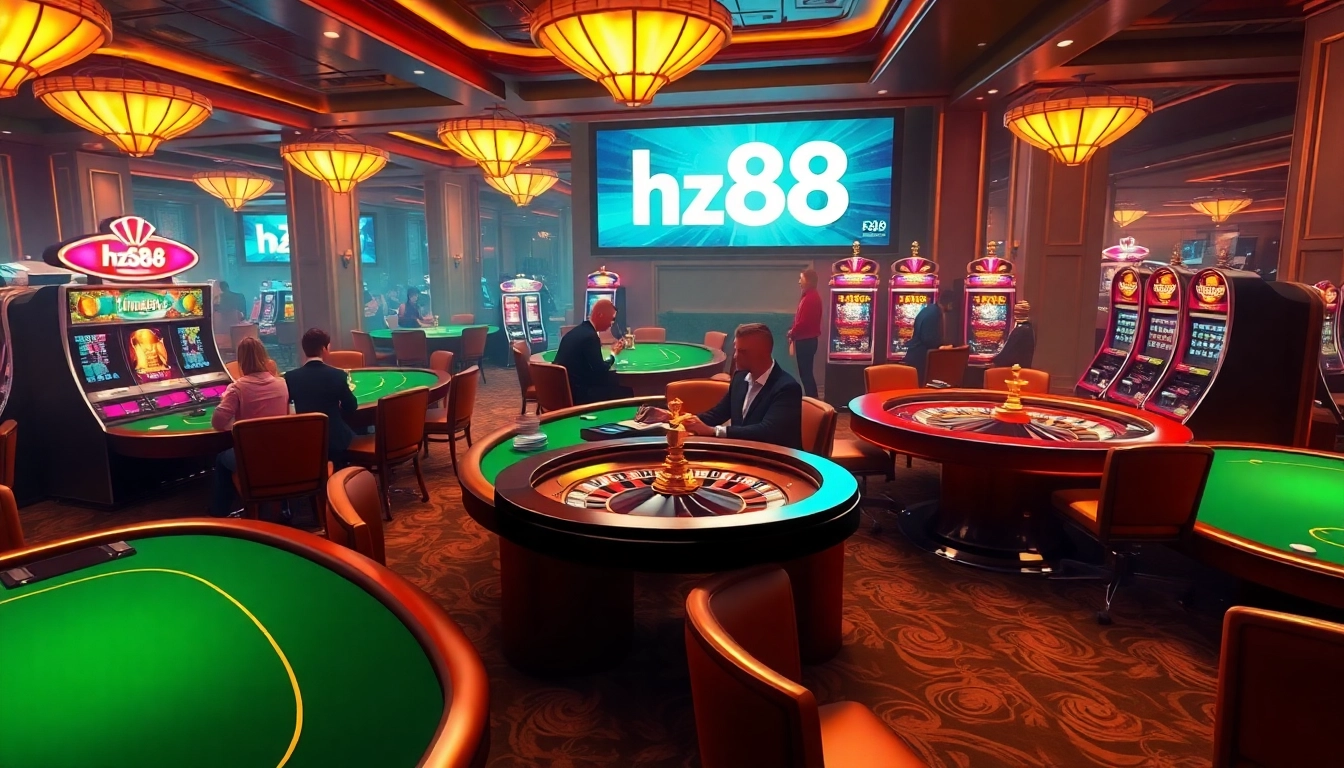 Experience the excitement at a luxurious casino with hz88 gaming tables, roulette, and vibrant slot machines.
