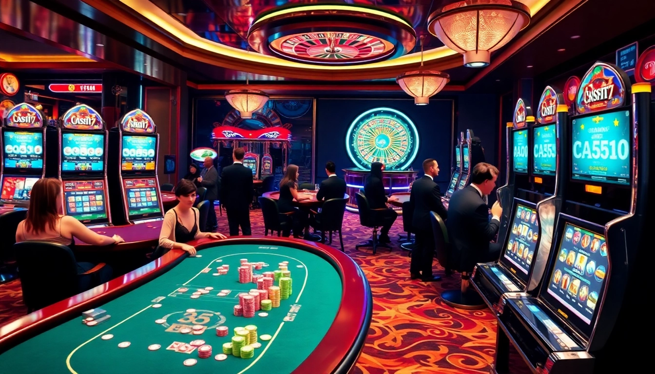 A lively casino atmosphere showcasing diverse gambling activities at https://gg88.media/, with poker tables and vibrant slot machines.