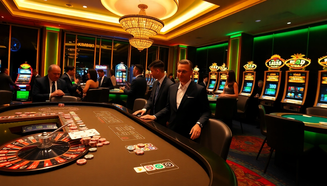 Experience the km888 excitement with a lively casino scene featuring tables, cards, and slot machines.