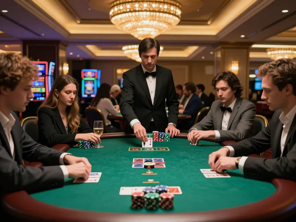 KJC players engaged in a high-stakes poker game within an upscale casino environment.