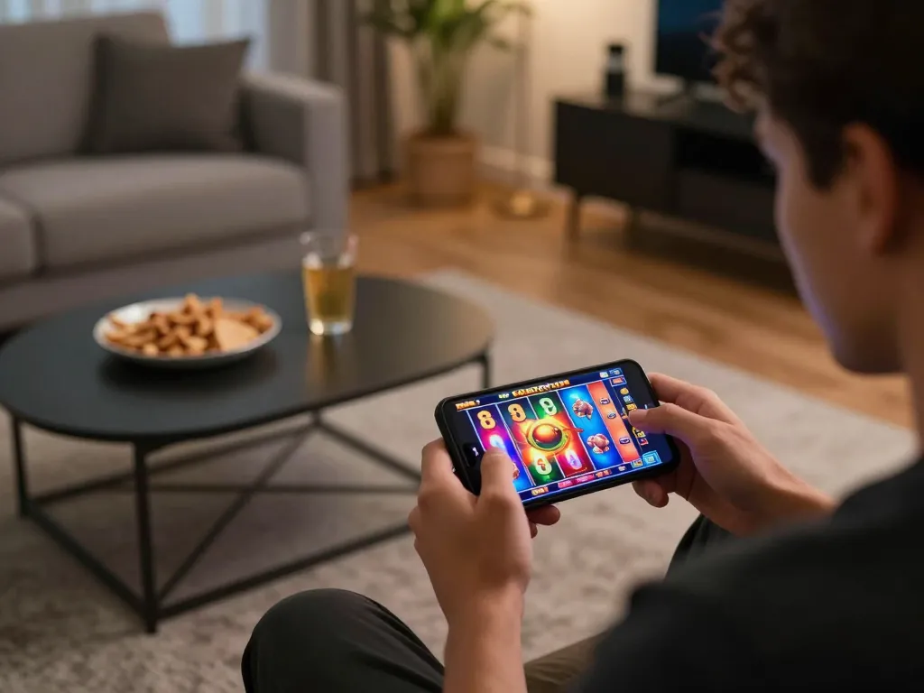 Engaging gameplay on slot machine interface at home showcasing aud77 with vibrant reels spinning.