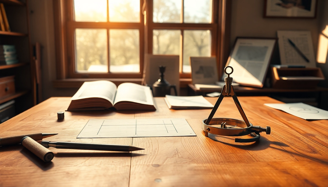 Kreativer Arbeitsplatz mit einem Winkel und Zirkel auf einem Zeichentisch mit Bildungsunterlagen.