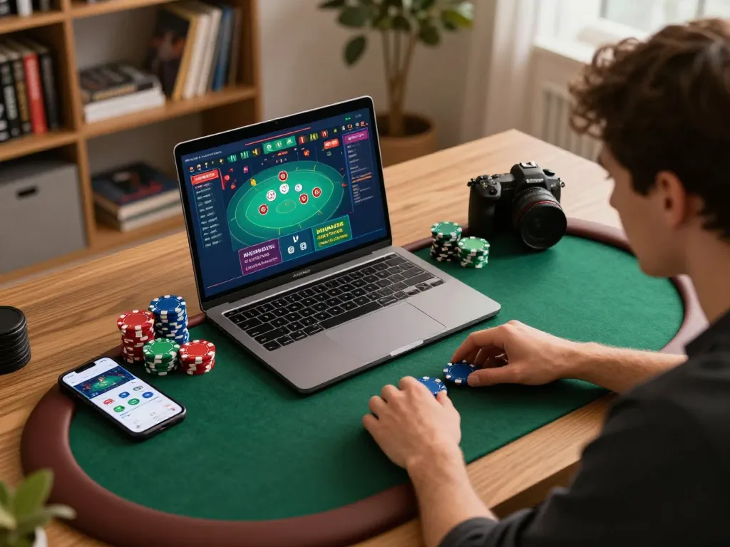 F168 online gambling setup with engaged player focused on poker game, showcasing modern home office.