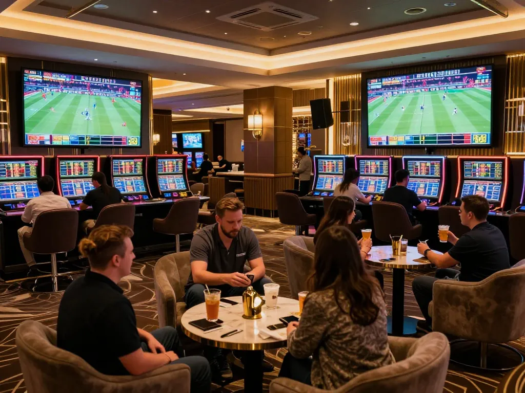 Excited bettors analyzing odds and placing wagers comfortably in the upscale DA88 sports betting lounge.