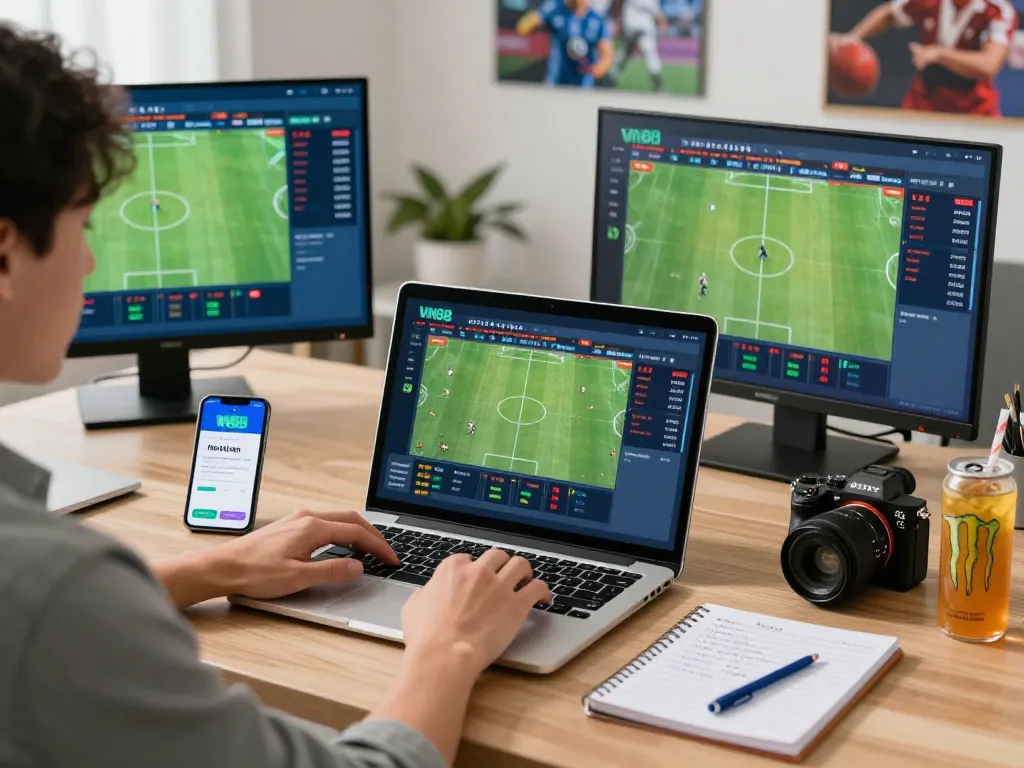 Engaging with VN88's online betting platform in a modern home office setting.