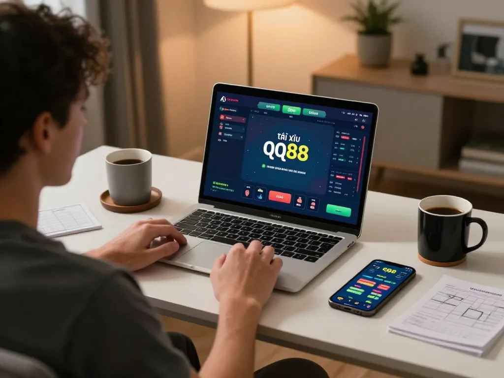 Engaging gameplay on tài xỉu qq88 displayed on laptop in a cozy home office.