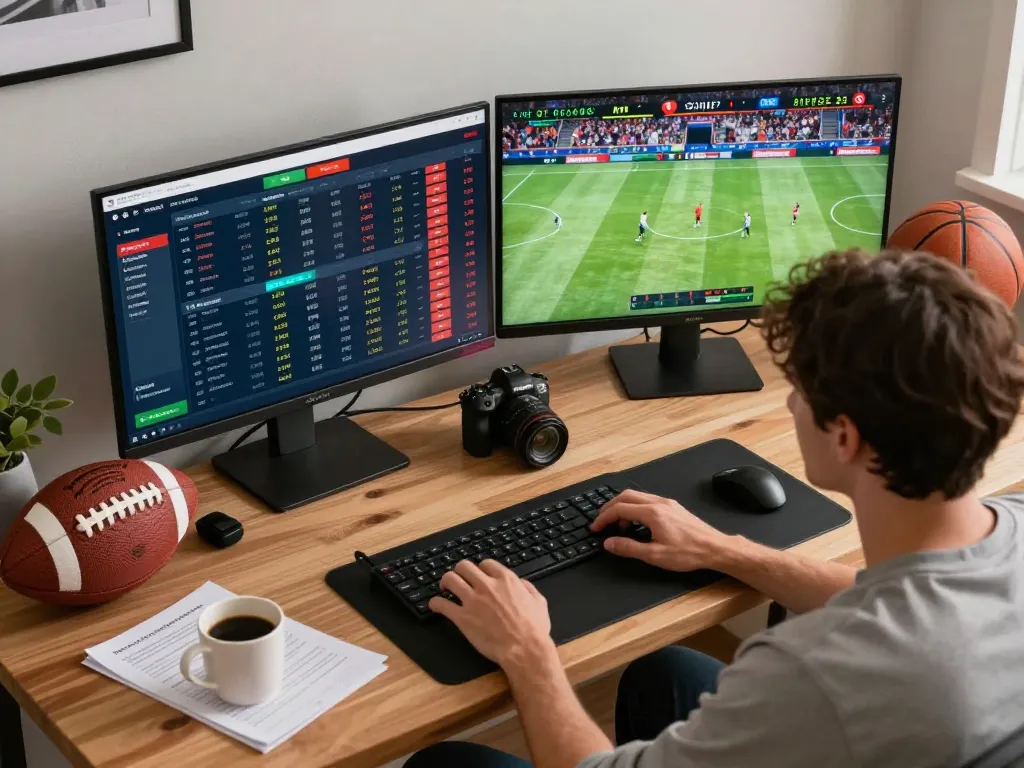 Person engaged in sports betting on dual monitors, featuring uu88 interface and live events, in a stylish home setting.