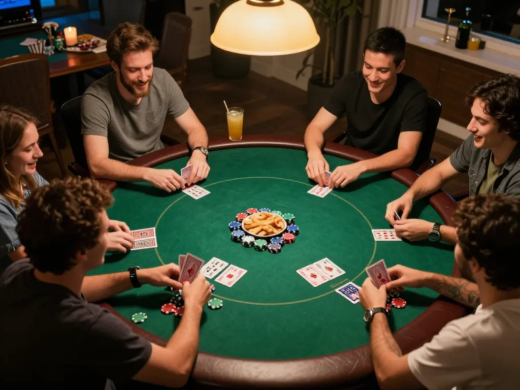 Engaged players at a home poker game, utilizing giải mã số học for strategic insights, delicious snacks, and drinks, all in a warm atmosphere.