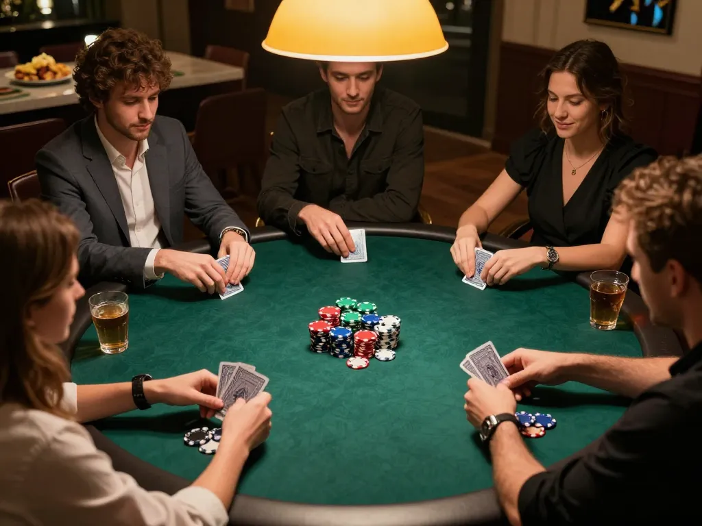 Players enjoying a strategic poker night at home, featuring Go8 gaming action and vibrant chips.