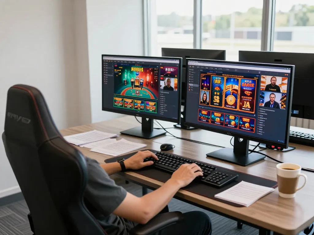 Engaging in online gambling with go8 from a focused home gaming setup, laptop displaying colorful casino games.