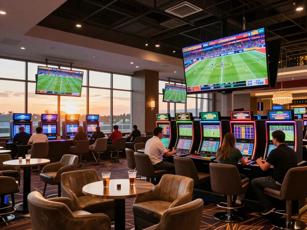 Fesselnde Action in einer Sportwetten-Lounge spiegelt das Fachwissen von Immobilienmakler Frankfurt Sachsenhausen wider