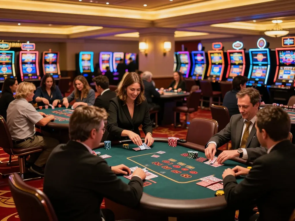 Experience big wins at me99's lively casino floor with players enjoying blackjack and vibrant slot machines.