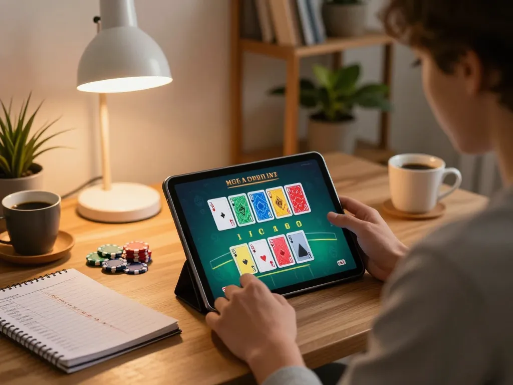 Engaged gambler using 33win. app for blackjack strategy on home tablet with vibrant cards and chips