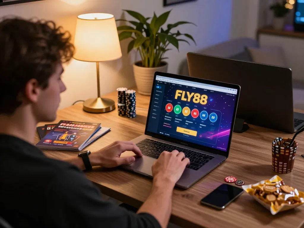 Player enjoying online casino experience with FLY88's poker game interface, showcasing engaging atmosphere