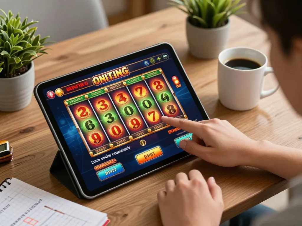 Engaged gamer using tablet for slot depo 10k online slots, surrounded by cozy decor.