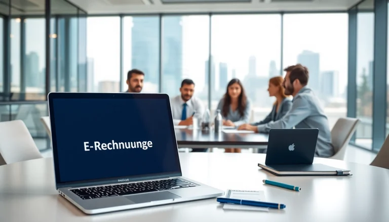 E-Rechnungen und Zusammenarbeit im modernen Büro mit digitaler Technik.