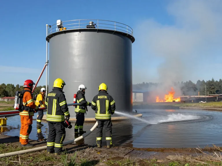 Feuerwehrleute nutzen einen Löschwasserspeicher für Brandschutzkonzept in einem abgelegenen Industriegebiet, um während einer kontrollierten Branddemonstration eine entscheidende Wasserversorgung bereitzustellen.