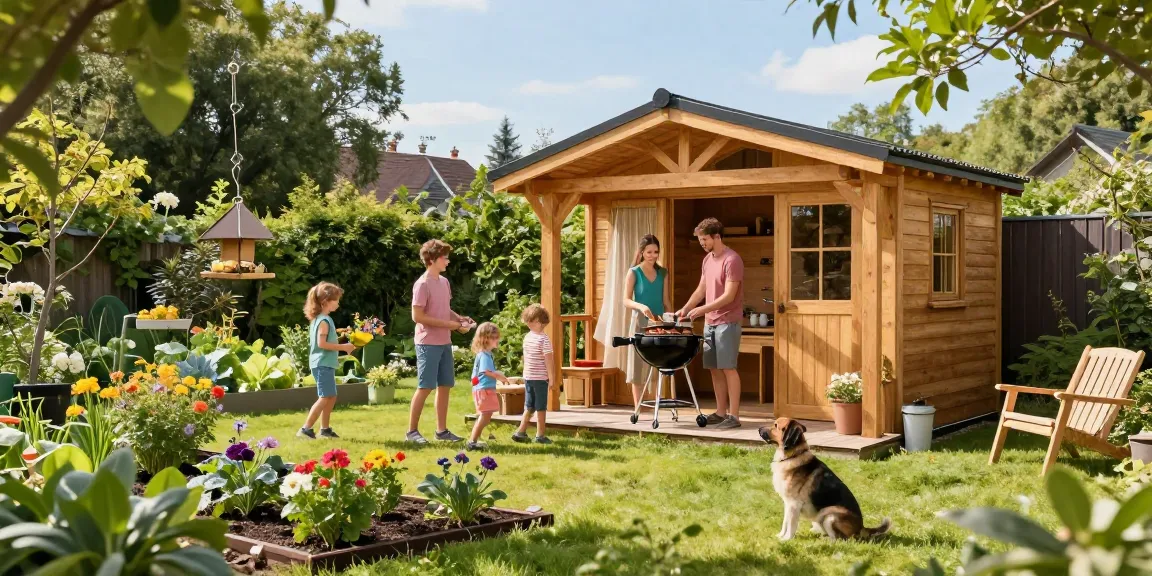 Gemütlicher Garten mit einem schönen Gartenhaus und Familie, die im Freien grillt und spielt