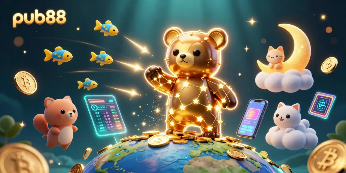Play exciting games and win at pub88 with golden star constellation in a vibrant, dynamic casino scene.