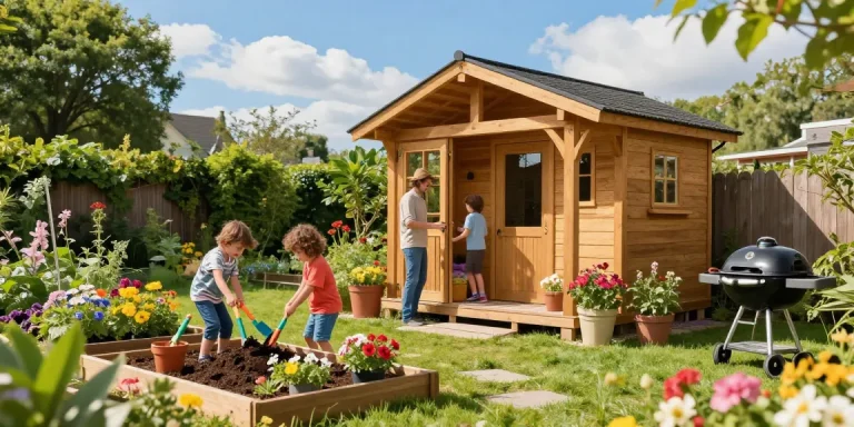 Familie im Garten mit ihrem neuen Gartenhaus, Blumen pflanzend und Kinder spielend.
