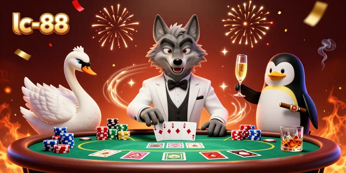 Engage in thrilling gaming with lc-88, where debonair characters compete at a vibrant baccarat table.