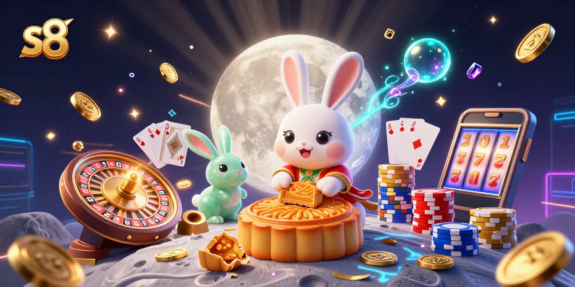 Experience thrilling action in S8's vibrant games with our casino-inspired moon rabbit scene.