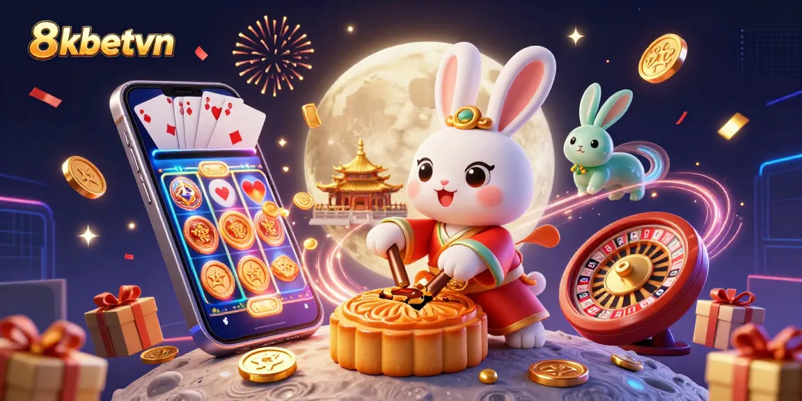 Experience thrilling gaming with 8kbetvn, a 3D vibrant casino scene featuring a moon rabbit with poker chips.
