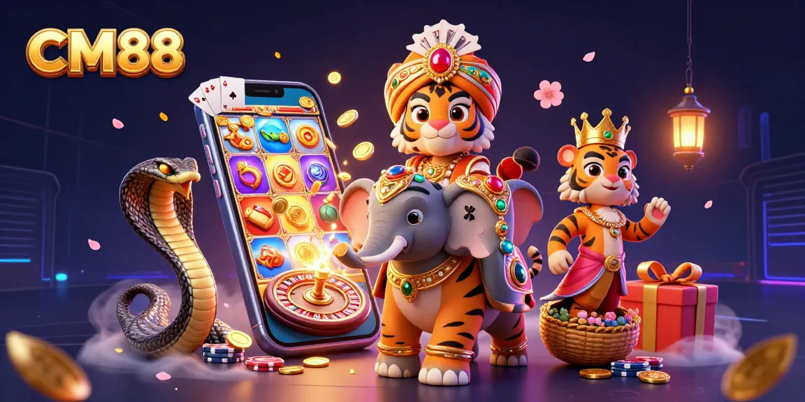 Immerse in CM88's vibrant casino world featuring a royal tiger, rich games, and treasure.