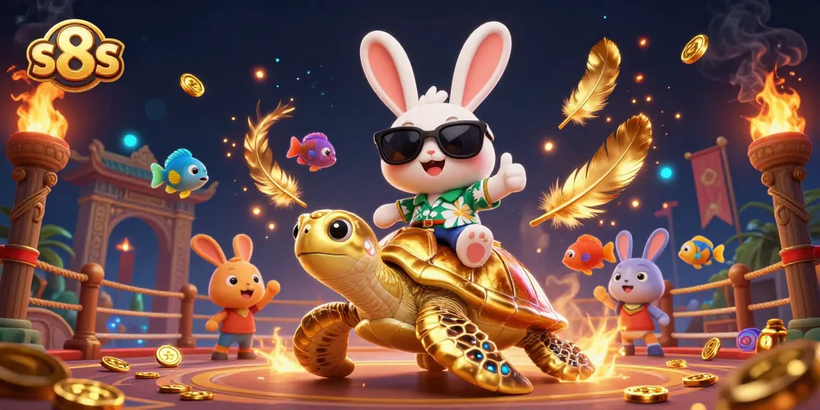 Spin the reels with s8s as the lucky rabbit rides a golden turtle in a vibrant casino