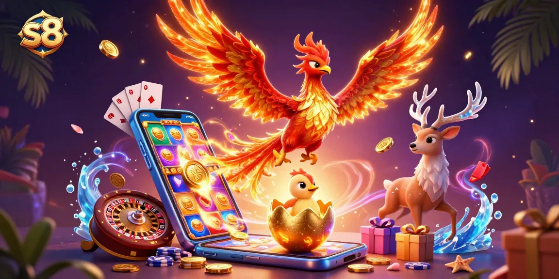 Experience the thrilling s8 online casino with a majestic phoenix, golden elements, and spinning slot games.