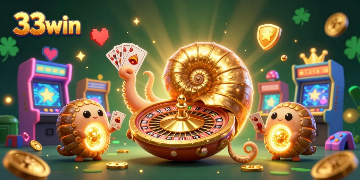Experience the thrill of 33win with vibrant 3D casino illustration featuring games and cards.