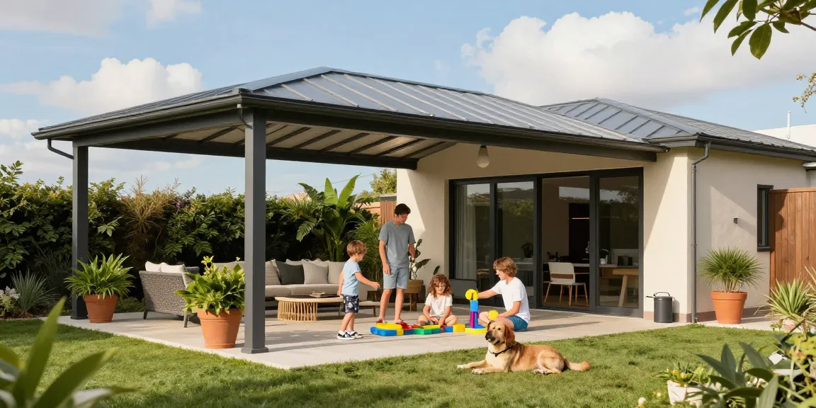 Terrassenüberdachungen in modernem Garten mit Familie, Hund und Pflanzen