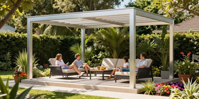Freistehende Terrassenüberdachung aus Aluminium, ideal für entspannte Nachmittage im Garten.