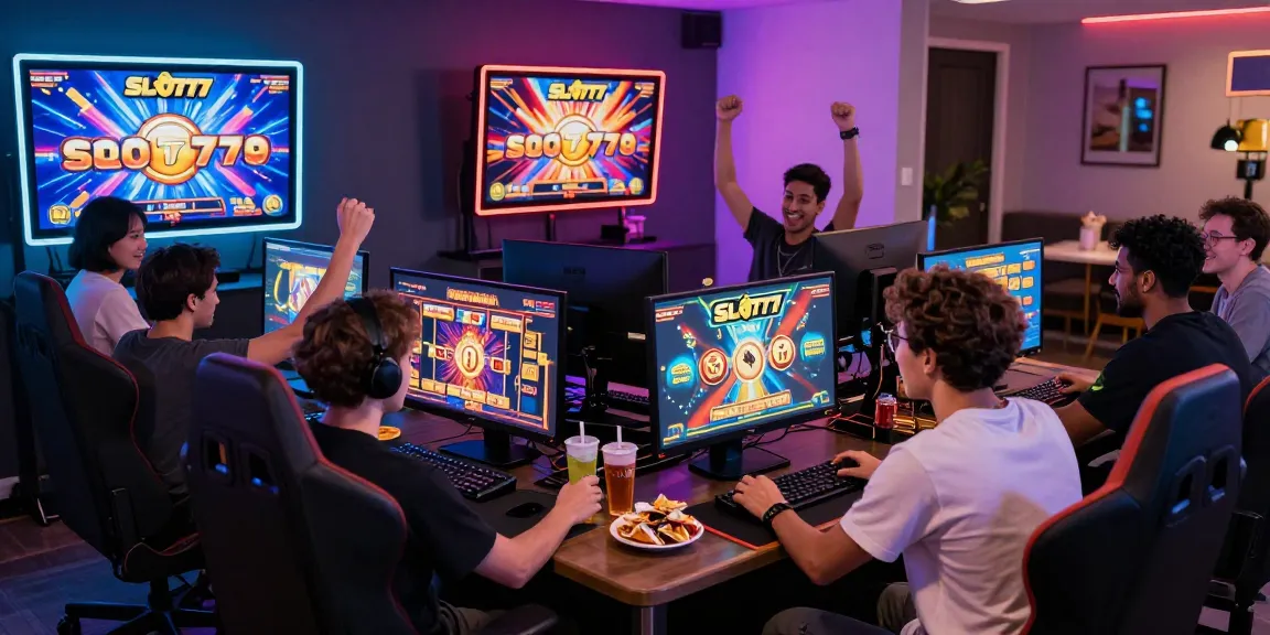 Permainan Slot777 online yang penuh energi dengan pemain merayakan kemenangan di lingkungan digital yang hidup