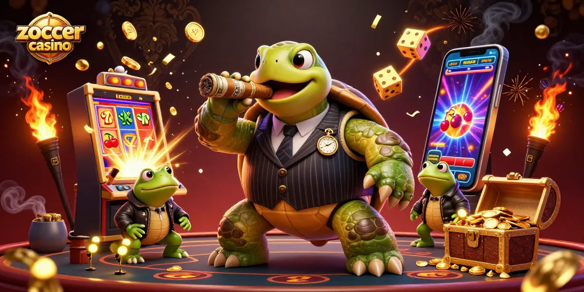 Zoccer casino showcases a dynamic 3D cartoon scene with a snapping turtle and casino-themed elements