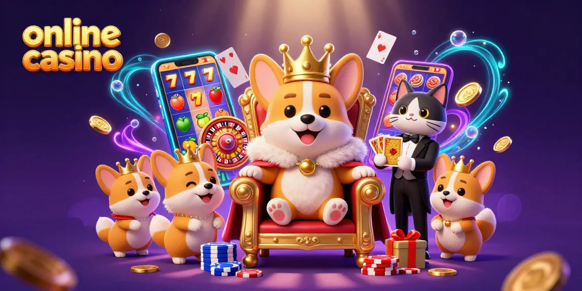 Experience the excitement of online casino gaming with a vibrant 3D illustration featuring a royal corgi and dynamic game elements.