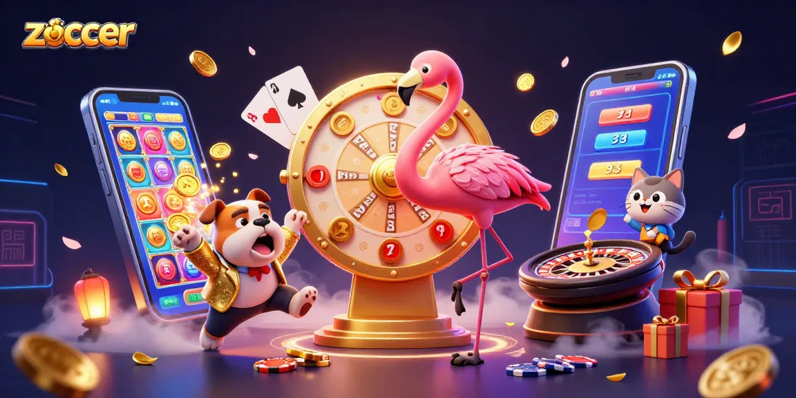 Zoccer casino scene showcasing vibrant gaming action with a flamingo host and winning prizes