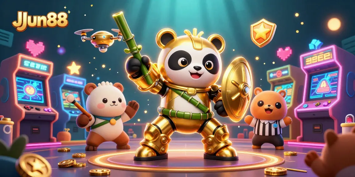 Experience the excitement of JJun88 with this vibrant casino-themed 3D illustration filled with gaming action.