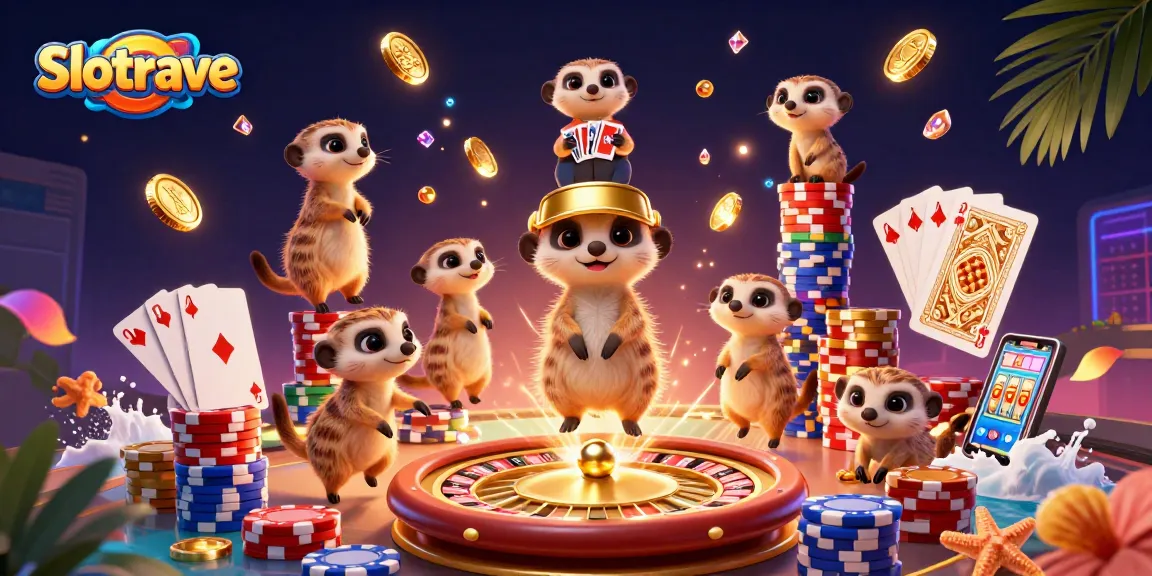 Engage with Slotrave's thrilling virtual casino featuring meerkats amidst golden casino action.