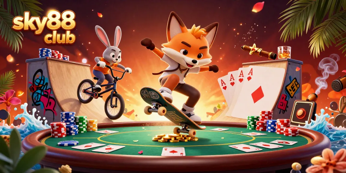 Experience the thrill of the sky88 club with a vibrant scene featuring a skateboarder fox and BMX rabbit in a casino