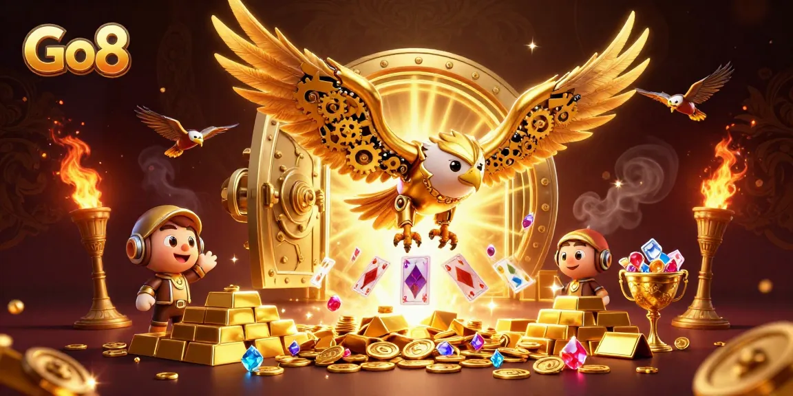 Experience thrilling gaming action at Go8 with the cybernetic eagle flying amidst dazzling treasures and cards.