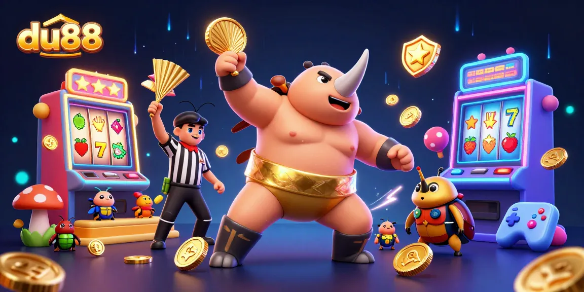 Engage with du88's thrilling slot games as a sumo champion stomps golden coins flying in a vibrant arcade scene.