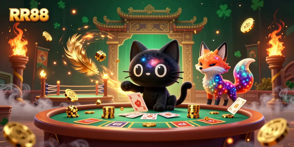 RR88 features a cosmic scene with a black hole cat and nebula fox in a vibrant casino.
