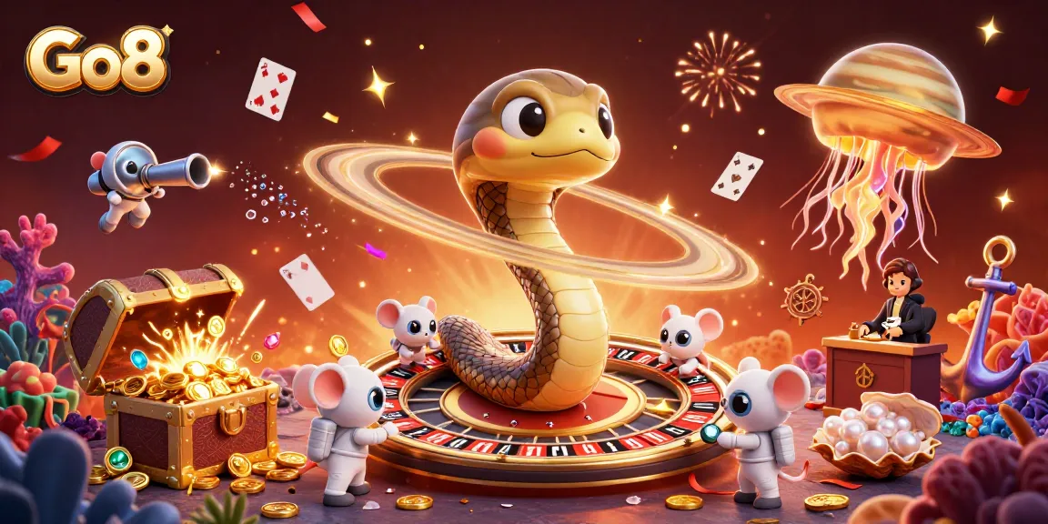 Experience thrilling bets at Go8 with a cosmic dealer and vibrant gaming elements in a stunning illustration.
