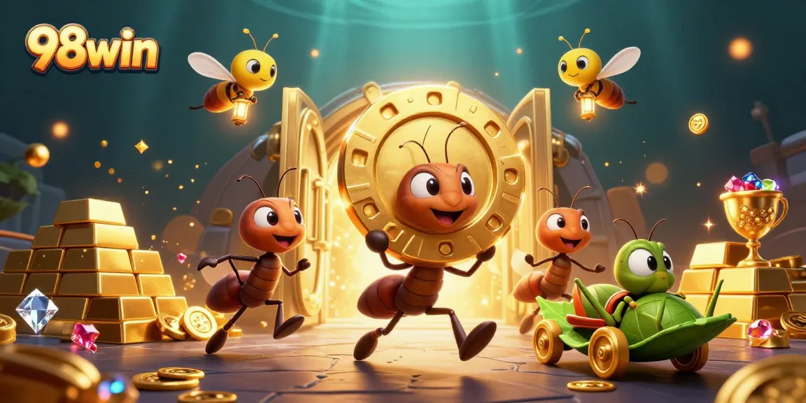 98win ants on a heist with giant poker chip, golden treasures, and vibrant underwater scene