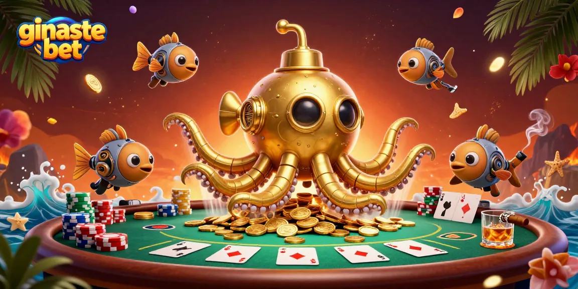 Experience the thrill of ginaste bet with a captivating 3D illustration showcasing a golden kraken and poker elements.