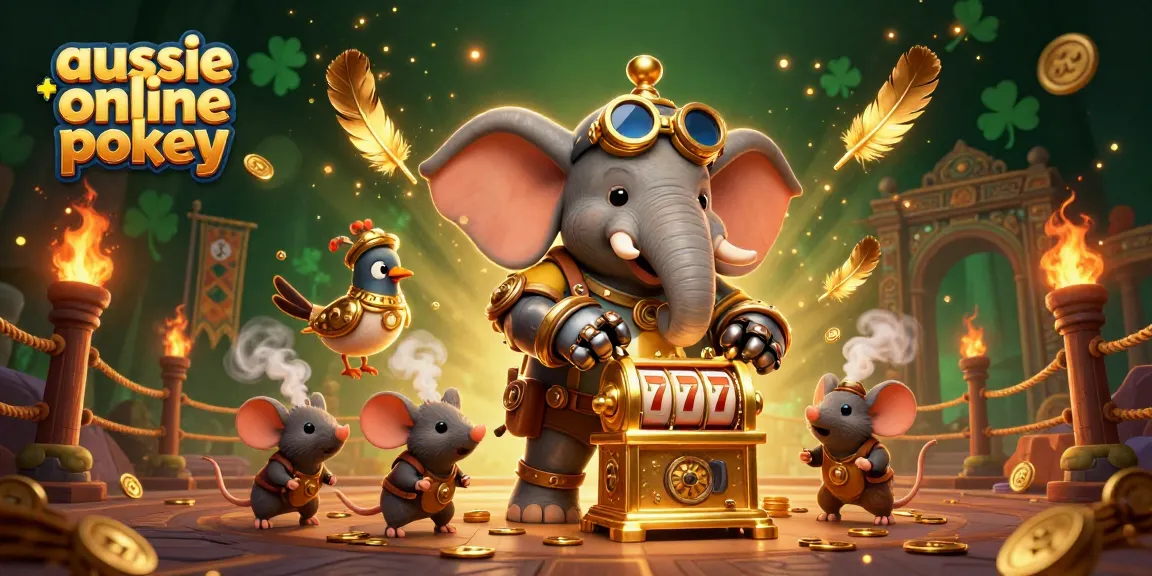 Aussie online pokies come alive with a steampunk elephant, golden slot machine, and swirling gold coins.