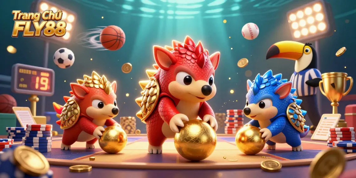 Engagingly showcase Trang Chủ FLY88 with rival pangolins rolling golden balls amid vibrant casino elements.