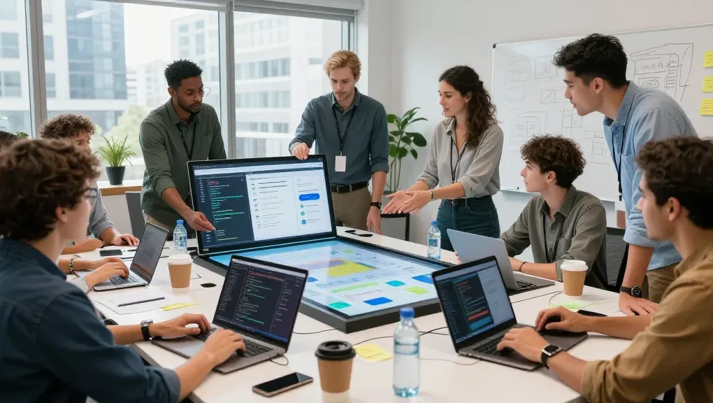 Team collaborating to build internal tools with AI in a modern office.